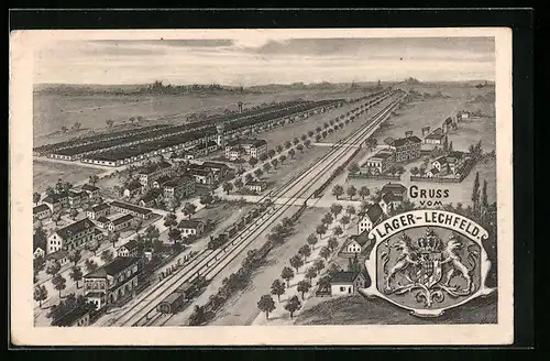 AK Lechfeld /Truppenlager, Totalansicht mit Baracken und Bahnhof