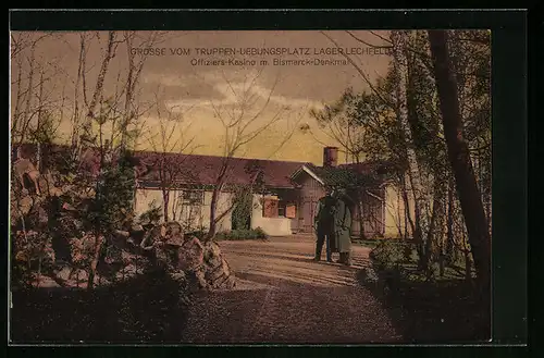AK Lechfeld /Truppenlager, Offiziers-Kasino mit Bismark-Denkmal