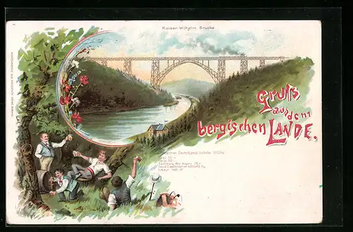 Lithographie Müngsten, Kaiser Wilhelm Brücke mit Fluss