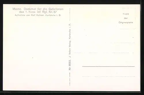 AK Mainz, Denkmal für die Gefallenen des 1. Nass. Inf. Rgt. Nr. 87