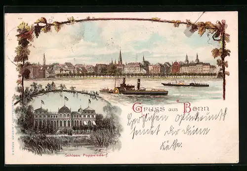 Lithographie Bonn, Schloss Poppelsdorf, Teilansicht mit Dampfern