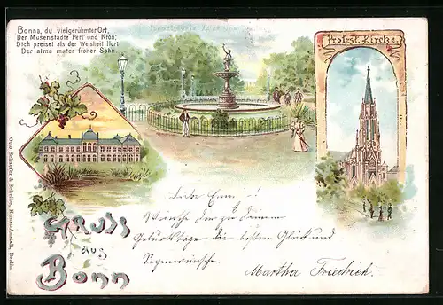 Lithographie Bonn, Protest. Kirche, Poppeldorfer Allee mit Platz, Schloss