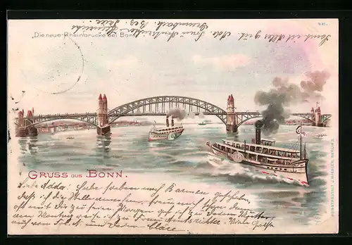 Lithographie Bonn, Blick auf die neue Rheinbrücke mit Dampfer Overstolz