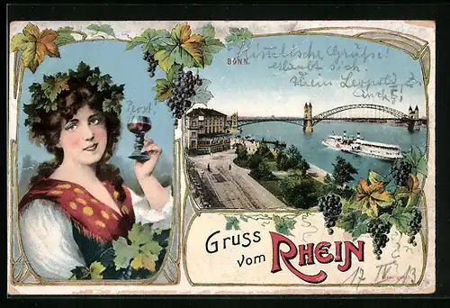 AK Bonn, Rheinbrücke mit Dampfer