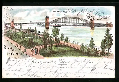 Lithographie Bonn, Partie der Rheinbrücke