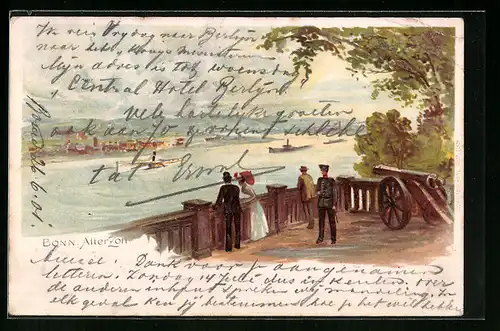 Lithographie Bonn, Blick von Alten Zoll auf die Stadt