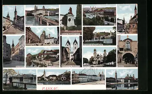 AK Passau, Rindermarkt, Innbrücke, Denkmal Maximilian Josef, Paulustor, Schrottgasse
