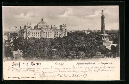AK Berlin-Tiergarten, Totalansicht Reichstagsgebäude und Siegessäule