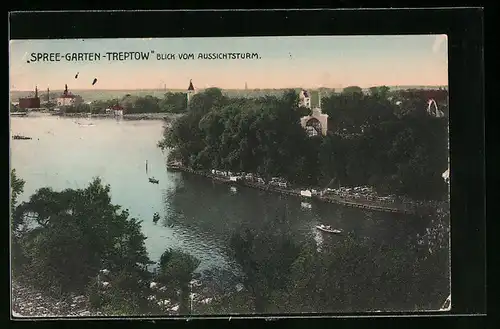AK Berlin-Treptow, Spree-Garten-Treptow, Blick vom Aussichtsturm auf den Fluss