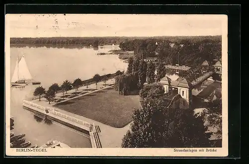 AK Berlin-Tegel, Strandanlagen mit Brücke aus der Vogelschau
