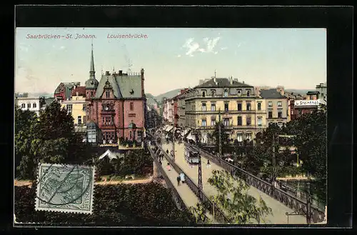 AK Saarbrücken-St. Johann, Louisenbrücke mit Strassenbahn