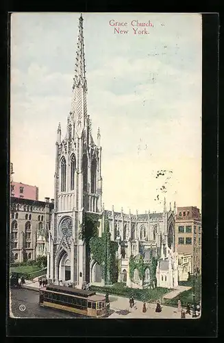 AK New York, Grace Church, Strassenbahn