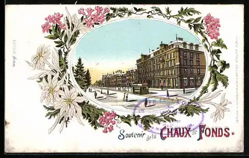 Lithographie La Chaux-de-Fonds, Strassenbahn auf einer breiten Strasse