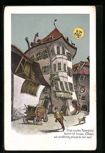 Wirtshaus-AK Bozen, Gasthaus Batzenhäusl aus der Sicht eines Betrunkenen