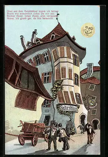 Künstler-AK Bozen, Betrunkene vor dem Gasthaus Batzenhäusl bei Vollmond