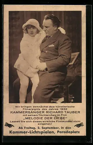 AK Opernsänger Richard Tauber mit seiner Tochter im Film Melodie der Liebe