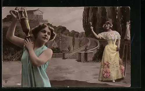 Foto-AK GL Co: Junge Damen mit Trinkgefässen im Park