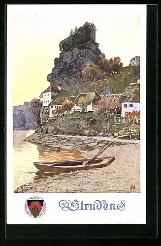 Künstler-AK Deutscher Schulverein Nr. 281: Struden, Uferpartie mit Boot