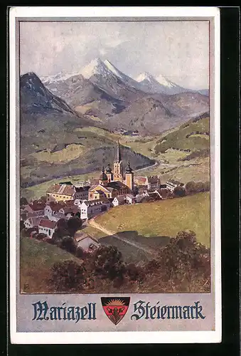 AK Deutscher Schulverein Nr. 552: Mariazell, Ortsansicht gegen Alpen