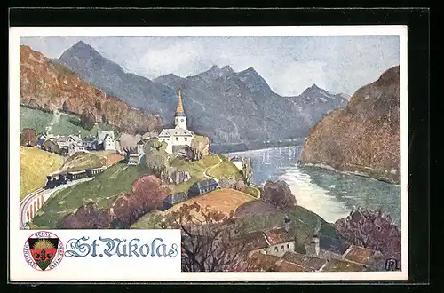 Künstler-AK Deutscher Schulverein Nr. 285: St. Nikolas, Ortspartie mit Kirche und Eisenbahn