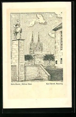 Künstler-AK Köln-Deutz, Blick auf Kölner Dom