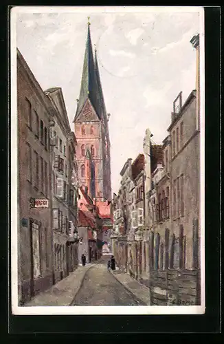 AK Lübeck, Fünfhausen mit Blick auf Marienkirche