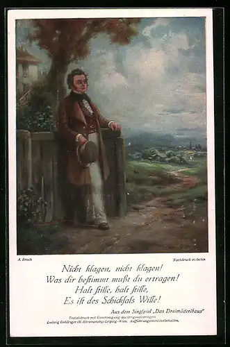 Künstler-AK Vers aus Das Dreimäderlhaus, Komponist Franz Schubert