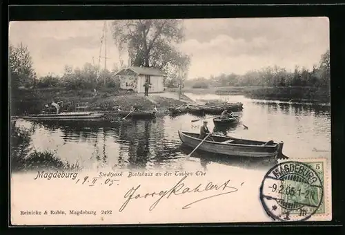 AK Magdeburg, Stadtpark Bootshaus an der Tauben Elbe