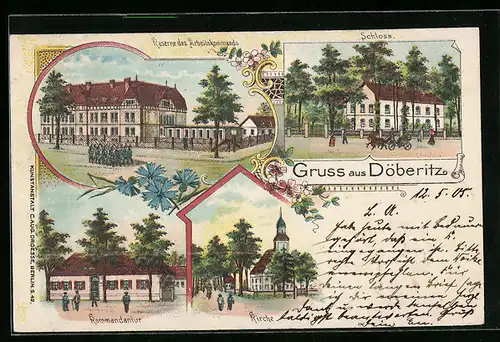 Lithographie Döberitz, Kaserne des Arbeitskommandos, Kommandantur, Kirche