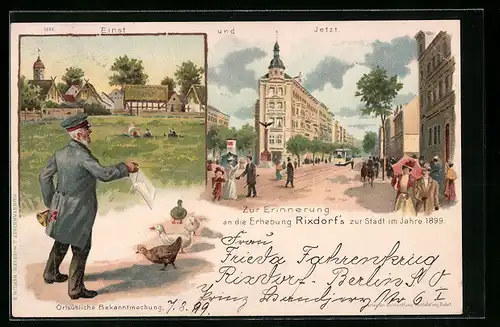 Lithographie Rixdorf, Einst und Jetzt, Erhebung zur Stadt im Jahre 1899