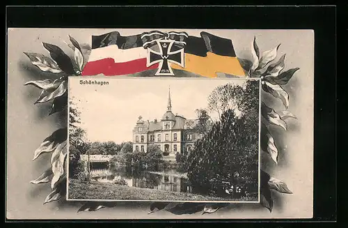 AK Schönhagen, Villa mit Brücke und Eisernem Kreuz