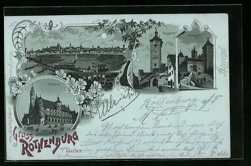 Mondschein-Lithographie Rothenburg o. Tauber, Ortsansicht, Klingentor, Kobolzeiler Tor, Rathaus