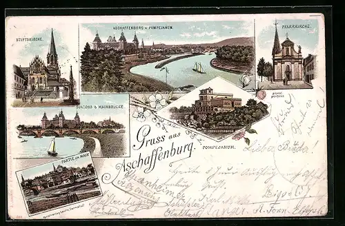 Lithographie Aschaffenburg, Ortsansicht, Stiftskirche, Pfarrkirche, Schloss & Mainbrücke
