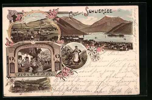 Lithographie Schliersee, Ortsansicht, Westerhofen, Forsthaus Valepp mit Sonnenwendjoch
