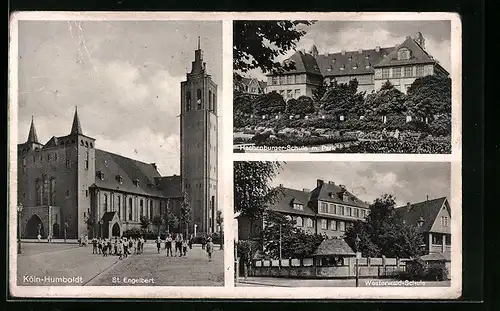 AK Köln-Humboldt, St. Engelbert, Hachenburger-Schule mit Park, Westerwald-Schule