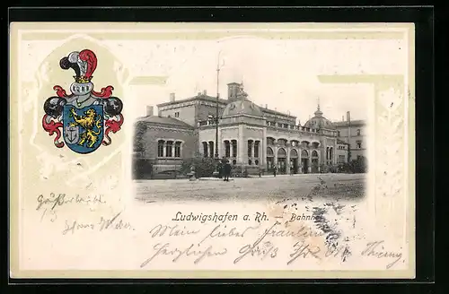 Präge-Lithographie Ludwigshafen /Rh., Bahnhof mit Strasse, Stadtwappen
