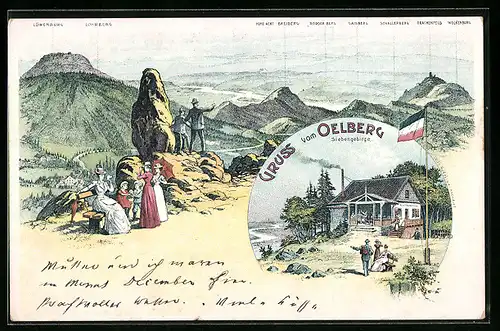 Lithographie Oelberg, Panorama mit Besuchern aus der Vogelschau, Gasthaus auf dem Oelberg