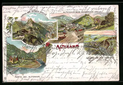 Lithographie Altenahr, Ortsansicht vom schwarzen Kreuz, Flusspartie