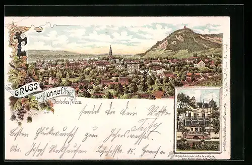 Lithographie Honnef /Rh., Gesamtansicht mit Umgebung, Haus der schwedischen Königin im Sommer