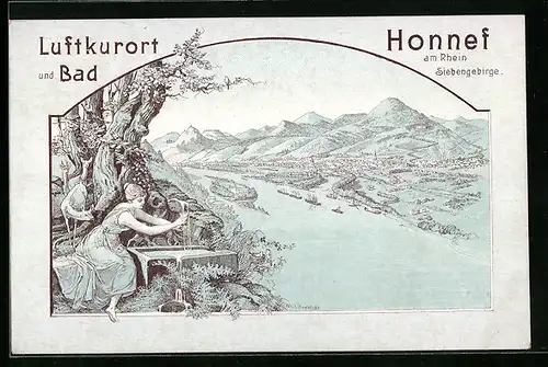Lithographie Honnef /Rh., Gesamtansicht mit Rhein und junger Frau an Quellbrunnen