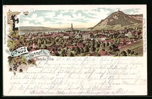 Lithographie Honnef /Rh., Ortsansicht mit Berg- und Rheinblick