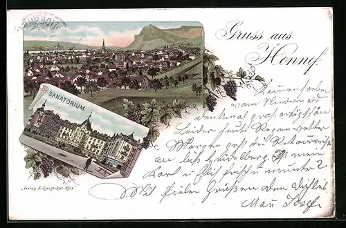 Lithographie Honnef, Gesamtansicht mit Umgebung, Sanatorium