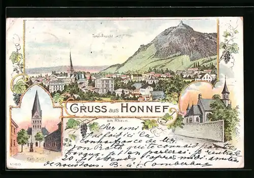 Lithographie Honnef, Totalansicht, Katholische Kirche