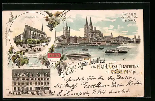 Lithographie Köln a. Rh., 50jähriges Jubelfest des Gesellenvereins - Panorama mit Dom, Kath. Gesellenhaus, Wappen