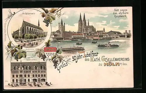 Lithographie Köln a. Rh., 50jähriges Jubelfest des Gesellenvereins - Stadtpanorama mit Dom, Kath. Gesellenhaus, Wappen