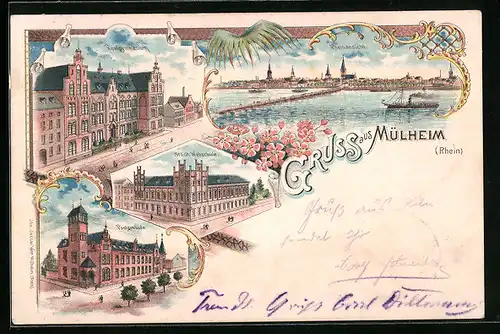 Lithographie Mülheim /Rh., Stadtpanorama mit Rhein, Städtische Webschule