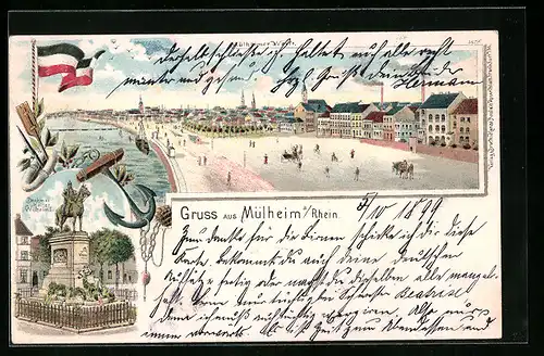 Lithographie Mülheim /Rh., Mülheimer Werft, Denkmal Wilhelm I., Nationalflagge