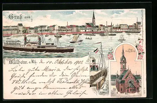 Lithographie Mülheim /Rh., Stadtpanorama vom Wasser gesehen, Neue ev. Kirche