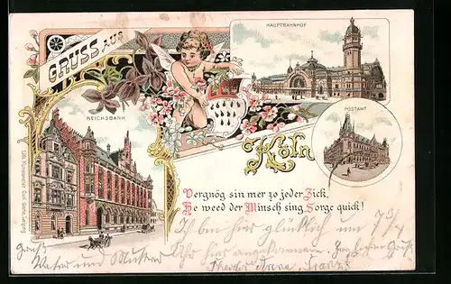 Lithographie Köln, Hauptbahnhof, Reichsbahn, Postamt, Engel mit Wappen