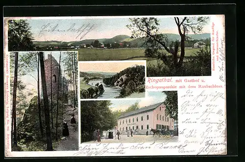 AK Ringethal, Gasthof, Zschopauparthie mit dem Raubschloss, Totalansicht, Ruine